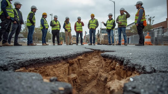 Show the workmen on the scene discussing the repair the seismic rift on the road