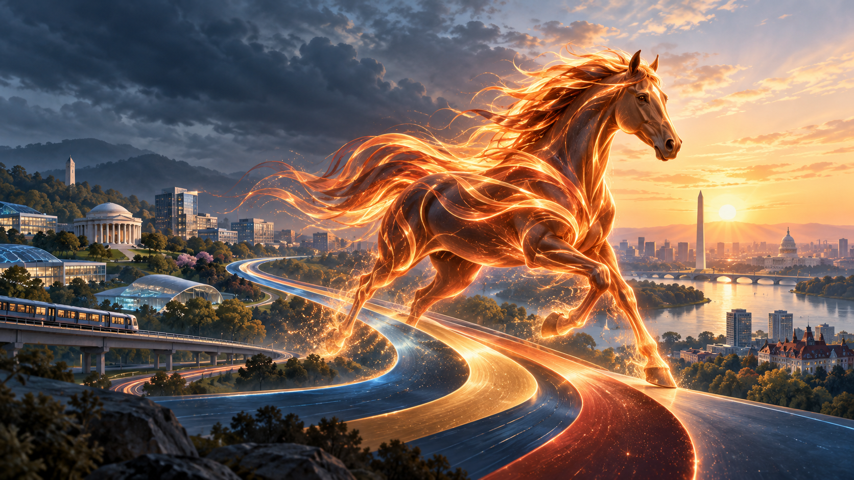 Fire Horse galloping across familiar Washington DC landscape including monuments and bridges crossing Potomac River.